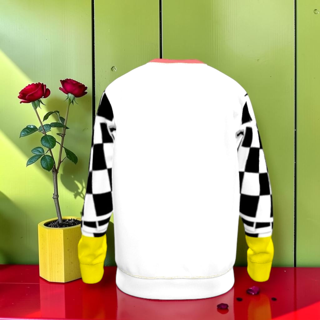 The Checkmate Flair Crewneck — back view showing full checkered sleeve detail
