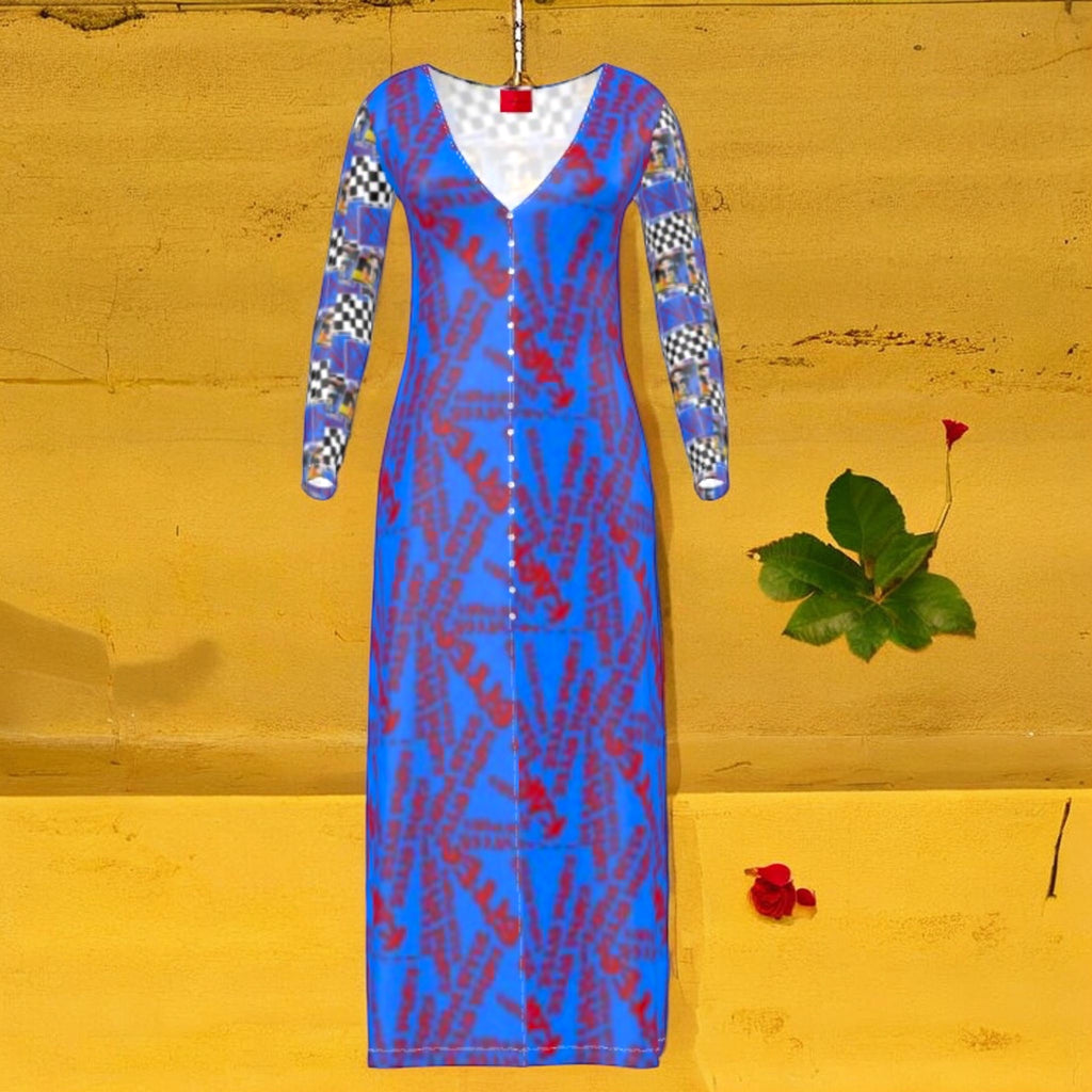 The Elevated Unbothered Maxi Dress — front view, cerulean blue body with scarlet red Karma Bites starburst print, deep V-neckline, silver button-down detail and Doll Wall collage sleeves — Vol III The Unbothered Edit by Golden Expression Art
